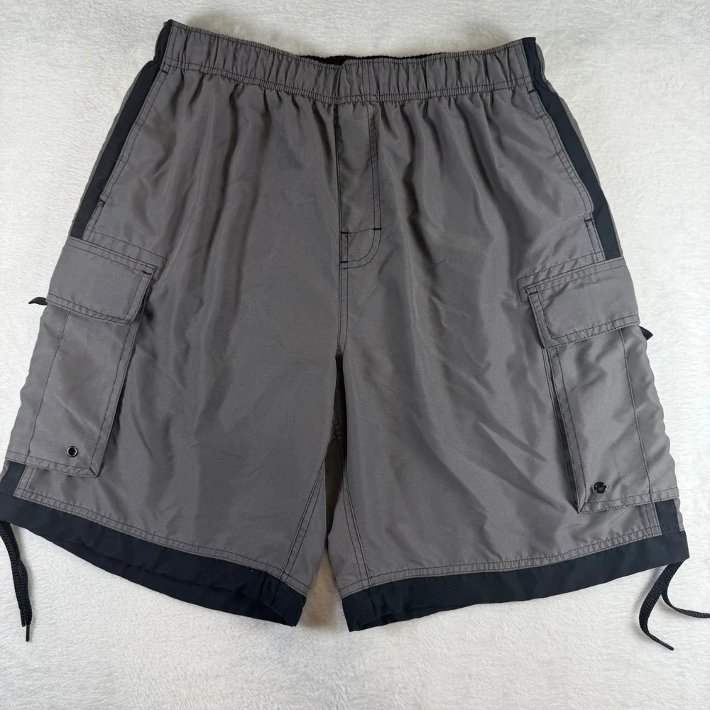 Third Coast Mens Cargo Board Shorts Gray Black Elastic Waist Swim Trunks Size L